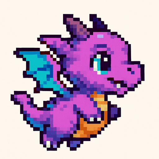 A pixel art baby dragon character designed for a 2D side-scrolling game, viewed from the side. The dragon has small wings, a chubby body, and a cute cartoonish face. It has small horns, a short tail, and colorful scales—shades of purple and teal. The dragon is in a flying pose, flapping its wings. Its eyes are big and expressive, and it has tiny fangs showing. The overall design is playful and fantasy-inspired, while still fitting a retro arcade pixel style..
In-Game asset.  2d.  High contrast.  No shadows. pixel art. side view. game character. baby dragon. cute. fantasy. retro style