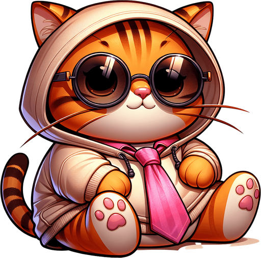 The feminine character is depicted as a cartoon-style, orange tabby cat with noticeable stripes. It features a round face, shielded by oversized, round, dark opaque sunglasses, and a physique that's charmingly smaller than its head, creating a cute, chubby look. This cat is casually dressed in a simple, light-colored hoodie with a drawstring. Unique to this character, however, is a whimsical twist—a pink tie is playfully worn on its head like a hat, adding a quirky and endearing element to its appearance. Positioned comfortably with its paws in front, the cat maintains a relaxed posture. The overall style is engagingly playful and whimsical, perfectly suited for a casual mascot or a protagonist in a children's book. The pink tie, worn in such an unconventional manner, subtly emphasizes the cat's creative and fun-loving nature, making it even more captivating and endearing..
Single Game Texture. In-Game asset. 2d. Blank background. High contrast. No shadows.