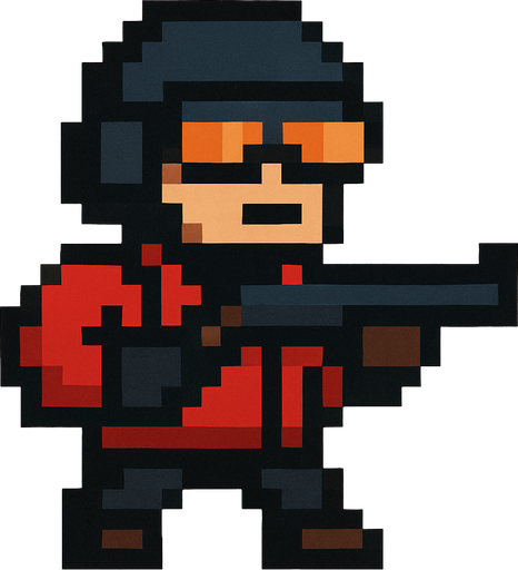 Un changón con un tipo piloto peinado que tengo una ropa roja y negra y que sea tipo pixelar.
In-Game asset.  2d.  High contrast.  No shadows