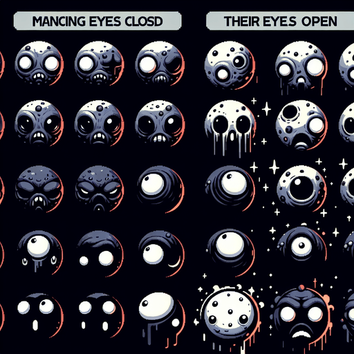 A sprite sheet of evil dark and dangerous looking planets with their eyes closed and their eyes open..
Single Game Texture. In-Game asset. 2d. Blank background. High contrast. No shadows.