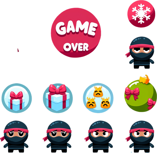 A game over screen for the game "Snowball Santa". Santa is very sad because all the presents has been stolen from ninja kids.
Single Game Texture. In-Game asset. 2d. Blank background. High contrast. No shadows.