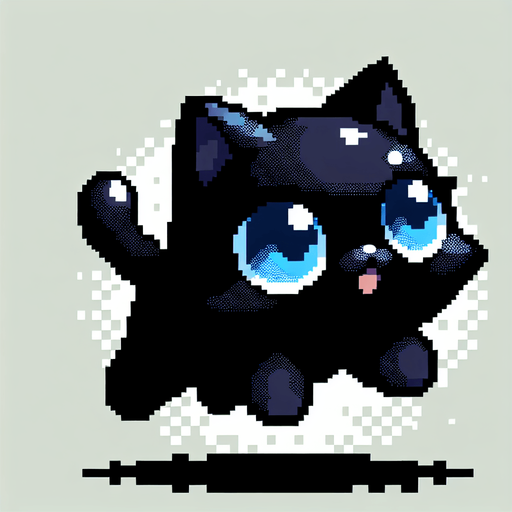 Flying, Cute black cat with blue eyes. Dot picture. Single Game Texture. In-Game asset. 2d. Blank background. High contrast. No shadows.