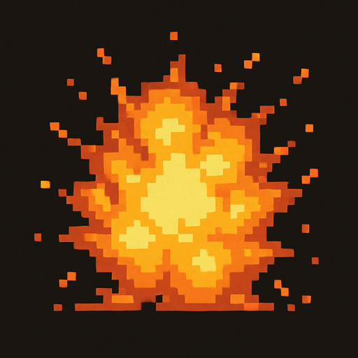 digital pixel art explosion.
In-Game asset.  2d.  High contrast.  No shadows