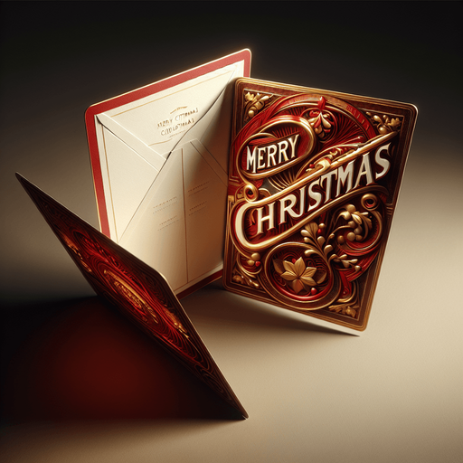 photorealistic red and gold standing and opened postcard with Merry Christmas text