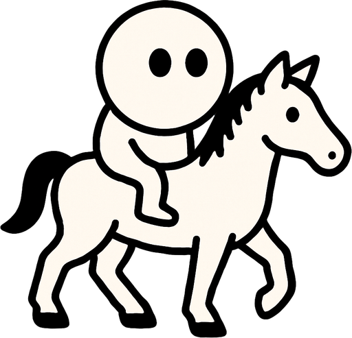 White simple circular enemy seen from above, black outline. Black eyes, on a white horse. Black and white only. Blue background.