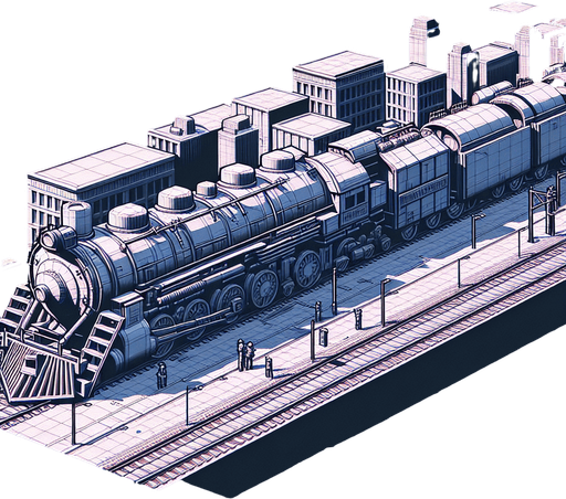 Train covering  5 blocks and 5 times bigger than tha character.
Single Game Texture. In-Game asset. 2d. Blank background. High contrast. No shadows.