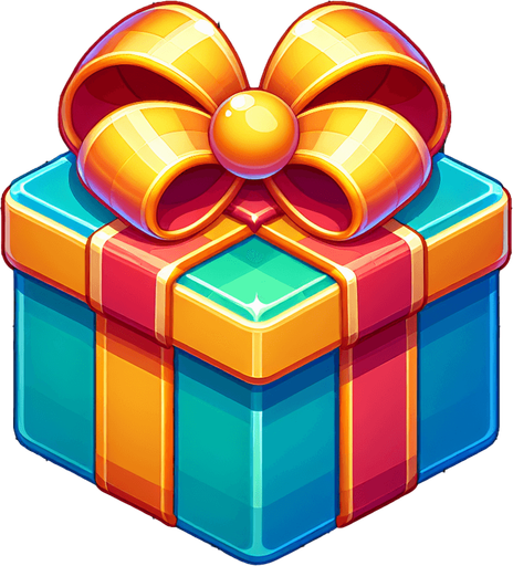 gift wrapped box, vivid colours. with bow on top Single Game Texture. In-Game asset. 2d. Blank background. High contrast. No shadows.