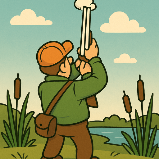 cartoon style back view duck hunter use white shootgun straight vertical shoot act.