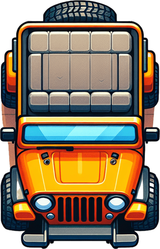 Jeep car cartoony, top down view.
Single Game Texture. In-Game asset. 2d. Blank background. High contrast. No shadows.