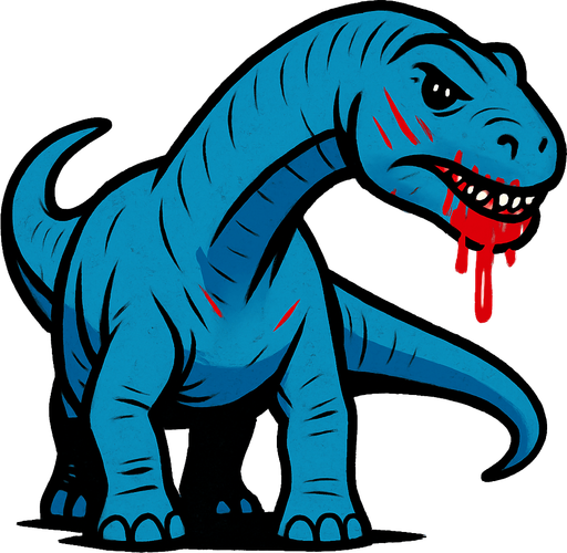 mavi bir Argentinosaurus, ağzında biraz kan ve yüzünde çizikler 
var.
In-Game asset.  2d.  High contrast.  No shadows