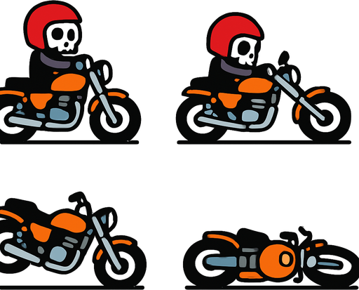 Create a simple 2D animation of an enemy motorcycle falling sideways to the ground.  
The animation should have 5 frames showing the bike tilting and then lying flat.  
Use a cartoonish style matching a simple 2D game..
In-Game asset.  2d.  High contrast.  No shadows
