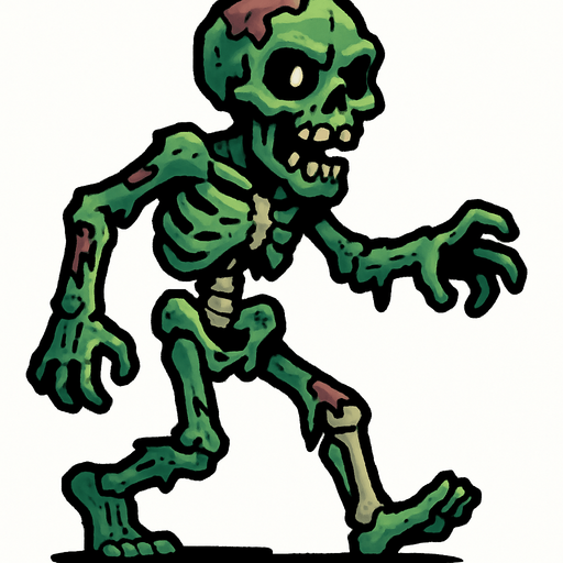 Esqueleto zombi en cuerpo completo caminando.
In-Game asset.  2d.  High contrast.  No shadows