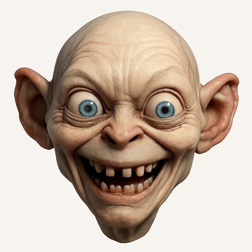 3D Scary but funny and cute face meme of gollum. only face, different faces look.
In-Game asset.  3D.  High contrast.  No shadows. only face