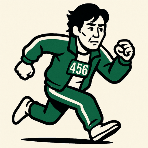 Crea al player del juego el calamar con el traja verde corriendo con el numero 456..
In-Game asset.  2d.  High contrast.  No shadows