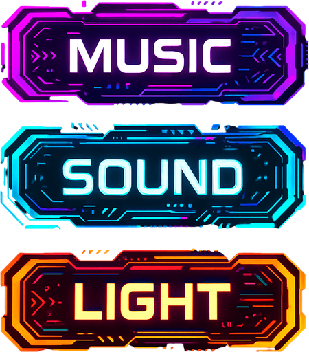 Buttons assets with same colors and shape with text 'music', 'sound', 'light'. cyberpunk. abstract. futuer. different colors. HD colors.
In-Game asset.  2d.  High contrast.  No shadows
