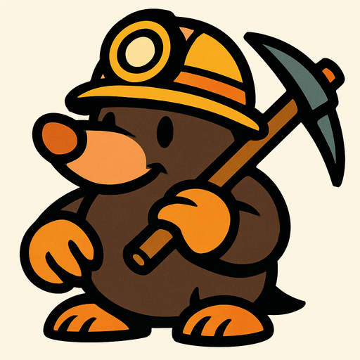 Mole with a minerer's hat and a pickaxe.
In-Game asset.  2d.  High contrast.  No shadows