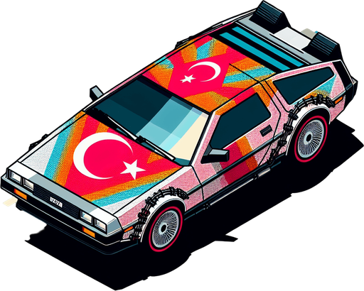 DeLorean car, seen from behind Top down, gta2, Single Game Texture. In-game asset. 2d. Empty background. High contrast. No shadows. isometric. Use modified car with turkish flag..
Single Game Texture. In-Game asset. 2d. Blank background. High contrast. No shadows.