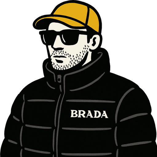 siyah renk prada montlu bir adam görseli oluştur , bu montu giyen adam sarı şapkalı , siyah güneş gözlüklü , hafif kirli sakallı bir tip olsun. prada yerine görselde "BRADA" yazsın
In-Game asset.  2d.  High contrast.  No shadows