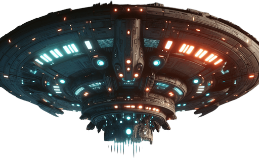 alien spaceship heading down.
Single Game Texture. In-Game asset. 2d. Blank background. High contrast. No shadows.