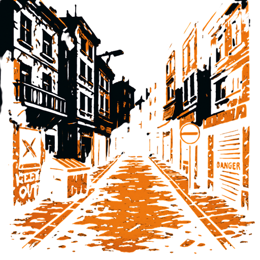 una calle de una ciudad peligrosa con edificios viejos en la parte de arriba.
In-Game asset.  2d.  High contrast.  No shadows
