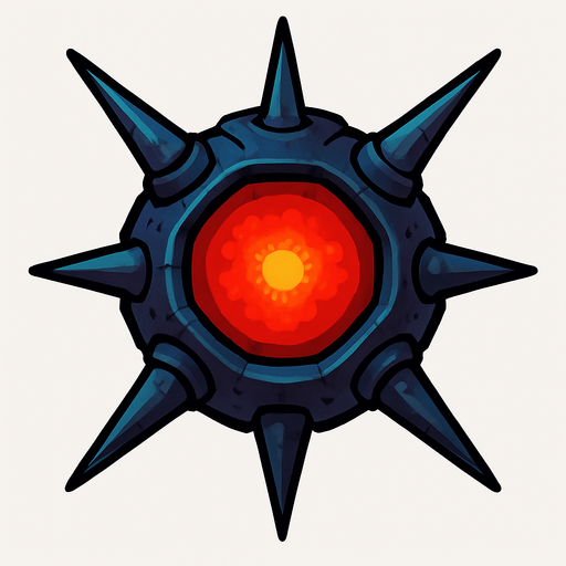 An alien space mine with spikes and red glowing center.
In-Game asset.  2d.  High contrast.  No shadows