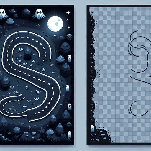 A cartoon spooky night road from above.
Single Game Texture. In-Game asset. 2d. Blank background. High contrast. No shadows.