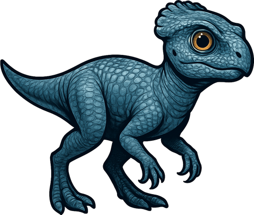 A small Microceratus dinosaur with smooth blue-gray scaly skin. It has a compact body, delicate limbs, and a short tail. The head has a small frill and bright curious eyes. The skin texture is detailed with fine scales, emphasizing its agility and small size..
In-Game asset.  2d.  High contrast.  No shadows