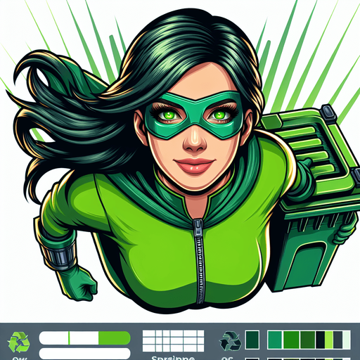 portrait of an garbage collector superhero woman wearing a green eyes mask, flying facing us, smiling in neon green suit..
single sprite, blank background.