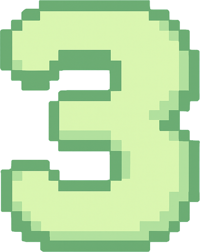 A pixel art number "3" designed for a cozy, cute retro 2D game UI with a bird theme. The number is rendered in soft pastel light green tones to harmonize with the gentle and sweet aesthetic of the game. It has a clean, simple, and rounded pixel style with no harsh edges, fitting perfectly within the pixel art UI style. The number is bold and easily readable at small sizes..
In-Game asset.  2d.  High contrast.  No shadows. pixel art. retro. 2d ui. number. pastel light green. simple. rounded edges. bold. cute. minimal