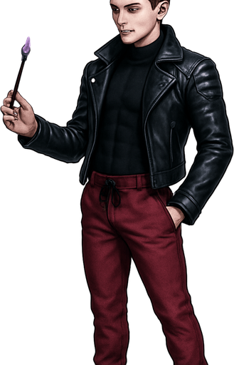 Swishy graceful man Cyberpunk manga, black leather biker jacket longsleeves shirtless Skinny abs blonde undercut pompadour vampire fangs guy, magic gemstone tipped wand, wine red joggers, combat boots, idle animation standing twirling wand, Background removed, "Full-body character, entirely in frame, no cropping of face, head, or feet" "Complete character visible, from head to toe, fully centered in the image" "Entire character, including hair face and boots, fully within the frame" Character fully contained within frame, no edges cut off, fashion model style of vogue magazine Hair through boots visible