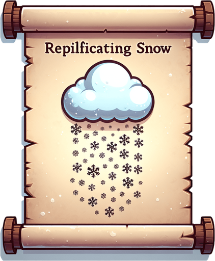 a pergament letter with the name "Replicating Snow". It has a cloud with replicating snowflakes on it. vertical. Single Game Texture. In-Game asset. 2d. Blank background. High contrast. No shadows.