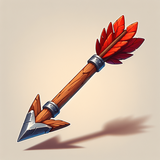 a wooden arrow with red feathers and a metal arrow head. Completely vertical orientation. Cartoon.
Single Game Texture.  In-Game asset.  2d.  Blank background.  High contrast.  No shadows
