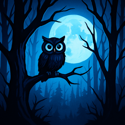 Scary blue background of forest, moon, small owl on tree, HD colors.
In-Game asset.  2d.  High contrast.  No shadows