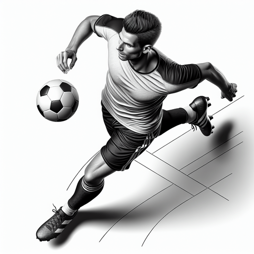 a soccer player top down running with a ball.
Single Game Texture. In-Game asset. 2d. Blank background. High contrast. No shadows.