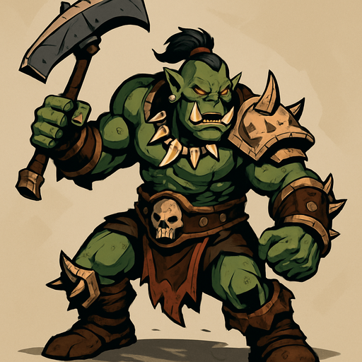 A full-body stylized illustration of an orc warrior, standing in a dynamic pose. The orc has green or grayish skin, muscular build, tusks, and tribal armor made of bone, leather, and metal. The style is fantasy-themed with bold lines, exaggerated proportions, and detailed textures. The lighting is dramatic, emphasizing the orc’s strength and menace. Background is minimal or softly blurred to keep focus on the character. Suitable for fantasy RPG game concept art..
In-Game asset.  2d.  High contrast.  No shadows