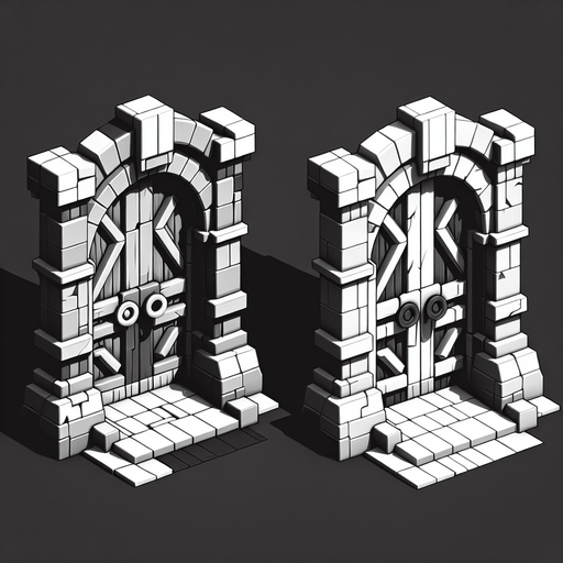 Two doorways.
Single Game Texture.  In-Game asset.  2d.  Blank background.  High contrast.  No shadows