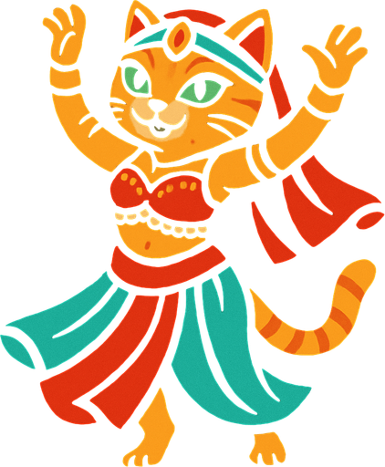 dansöz kıyafetli ayakta duran elleri havada dans eden bir kedi.
In-Game asset.  2d.  High contrast.  No shadows