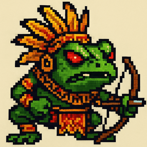 Genérame una Rana de Cristal  guerrero azteca con eso patrones, estilo pixelar, con una apariencia maligna, ojos rojos, rabioso. Unidad a distancia, con un arco o cerbatana. Animal.
In-Game asset.  2d.  High contrast.  No shadows