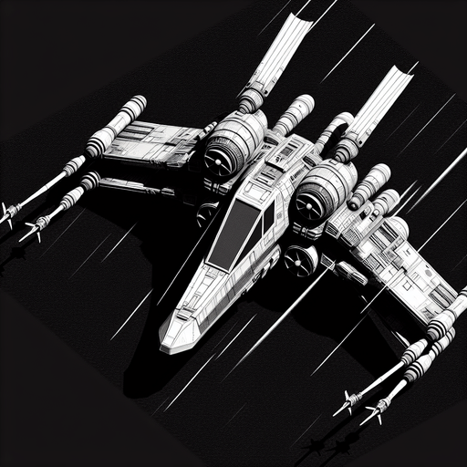 Single Game Texture. In-Game asset. 2d. An X-Wing-like spaceship moving up and down from above.
Single Game Texture. In-Game asset. 2d. Blank background. High contrast. No shadows.