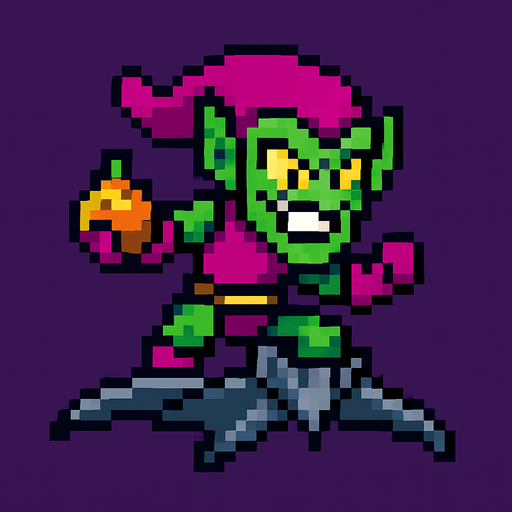 flying pixel art green goblin.
In-Game asset.  2d.  High contrast.  No shadows