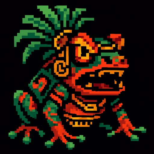 Genérame una Rana de dardo venenosa guerra azteca con eso patrones estilo pixelar, con una apariencia maligna.
In-Game asset.  2d.  High contrast.  No shadows