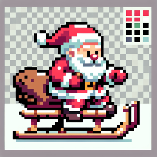 8-bit. cartoon. santa on sledge. smiling. in game asset. Single Game Texture. In-Game asset. 2d. Blank background. High contrast. No shadows.
