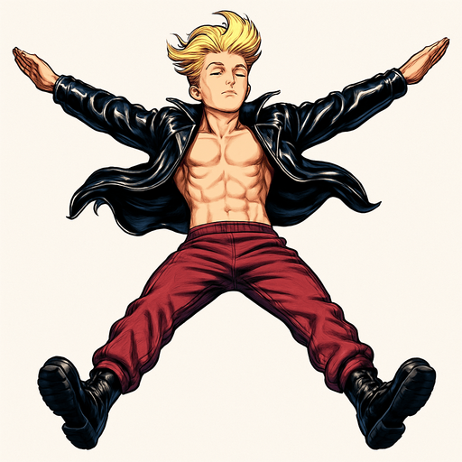 Swishy graceful man Cyberpunk manga, flying skydiving arms and legs flat straight face up, shiny black leather biker jacket longsleeves shirtless Skinny abs blonde pompadour guy, action shot wine red joggers combat boots, Background removed, "Full-body character, entirely in frame, no cropping of face, head, or feet" "Complete character visible, from head to toe, fully centered in the image" "Entire character, including face and boots, fully within the frame" Character fully contained within a square frame, no edges cut off fashion model pose