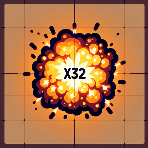 爆炸，里面有“X32”的字样,暖色调.
Single Game Texture. In-Game asset. 2d. Blank background. High contrast. No shadows.