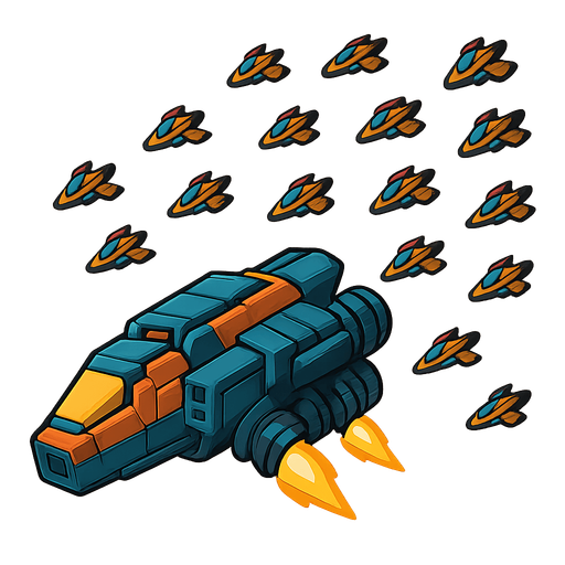 A spaceship with engines at the back and lots of mini spaceships next to the big one.
Single Game Texture.  In-Game asset.  2d.  Blank background.  High contrast.  No shadows