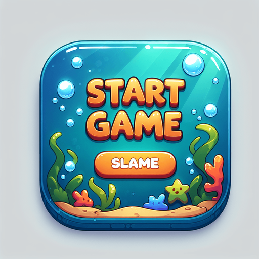 Game start sign. cartoon, shiny, underwater theme. "START GAME".
Single Game Texture. In-Game asset. 2d. Blank background. High contrast. No shadows.