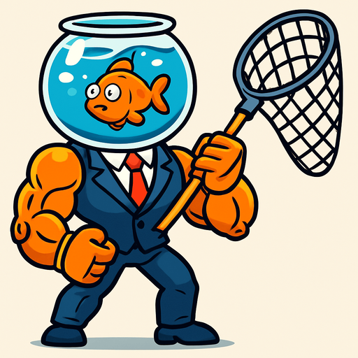 "A funny 2D game character concept art. A glass fishbowl filled with water serving as the head. Inside the bowl, a small confused orange goldfish is swimming. The body is an extremely muscular mechanical robot body wearing a tight formal business suit. The character is holding a giant fish landing net as a weapon. Cartoon style, absurd, vibrant colors, clean vector lines.".
In-Game asset.  2d.  High contrast.  No shadows
