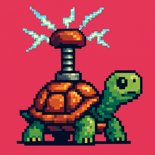 a turtle with a tesla tower on her shell, pixelart.
In-Game asset.  2d.  High contrast.  No shadows