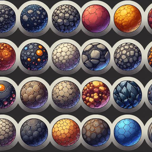 Different colors of stones, spheres in all 8 images, not text or pixels colors, mixed theme..
Single Game Texture. In-Game asset. 2d. Blank background. High contrast. No shadows.
