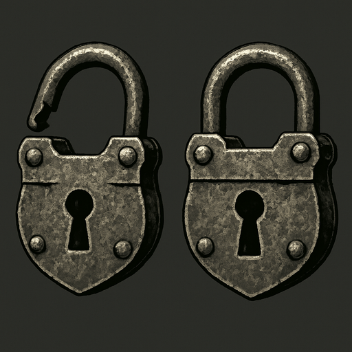 Old metal lock opened and closed.
In-Game asset.  3d.  High contrast.  No shadows